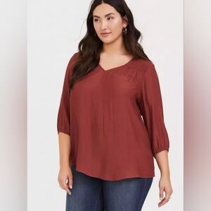 Torrid V Neck Crepe Smocked Blouse - Rust/ Burnt Brick